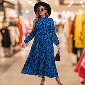 Royal Blue & Black Leopard Print Belted Dress Size XL